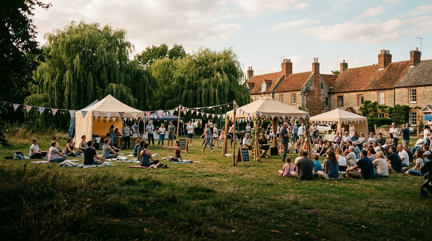 A community wellbeing festival on a green in a market town, illustrative