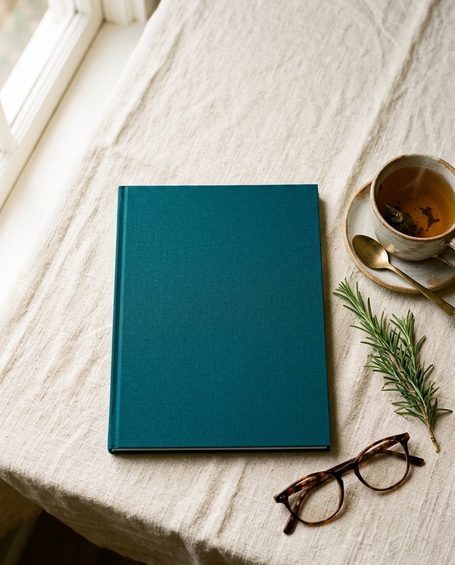 A wellbeing magazine on a linen cloth with a cup of tea, illustrative